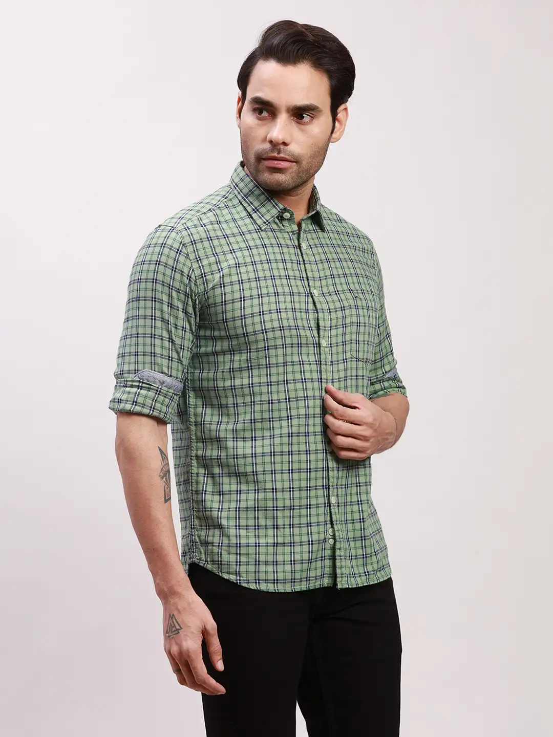 Parx Men Green Checks Slim Fit Cotton Full Sleeve Shirts - Image 2