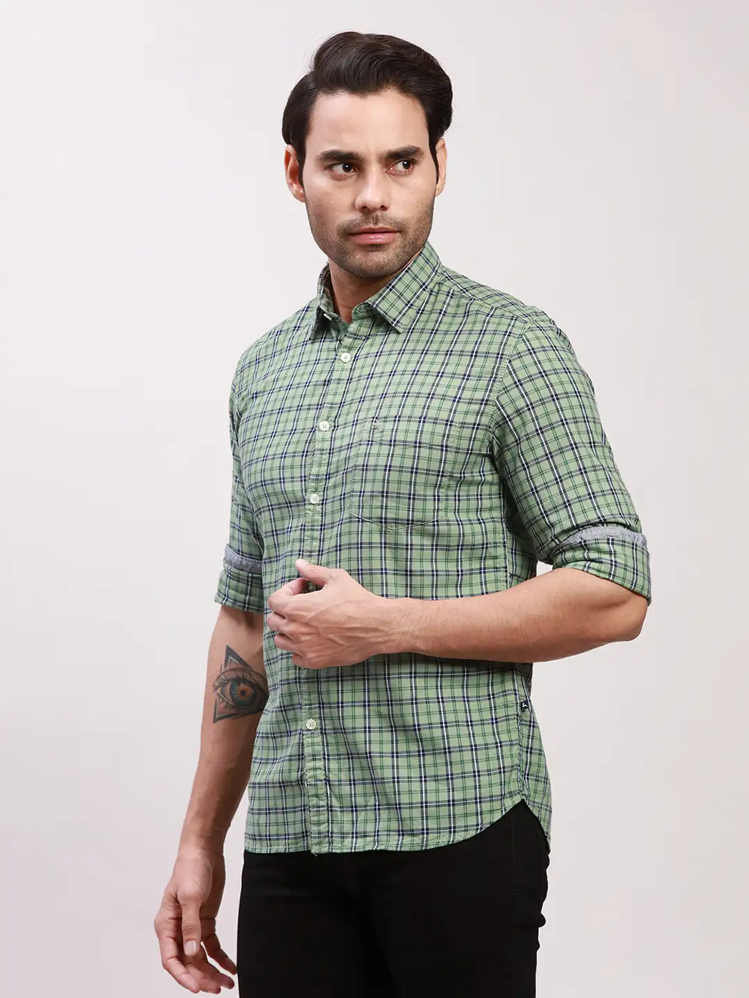 Parx Men Green Checks Slim Fit Cotton Full Sleeve Shirts - Image 3