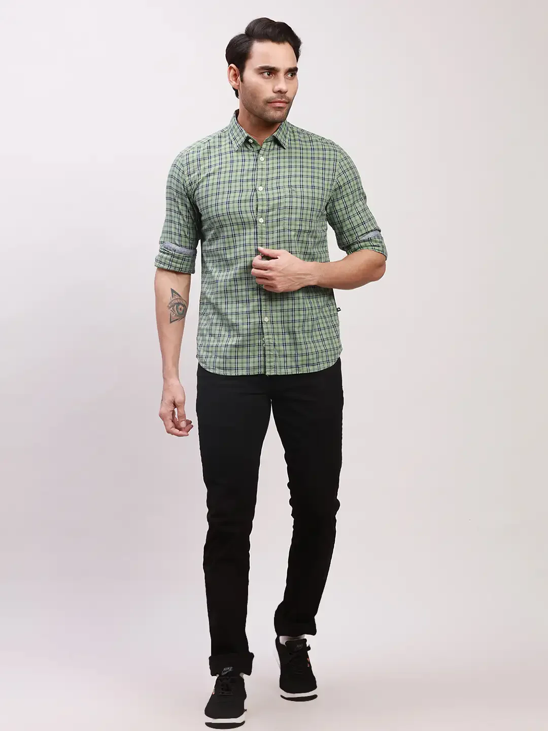 Parx Men Green Checks Slim Fit Cotton Full Sleeve Shirts - Image 5