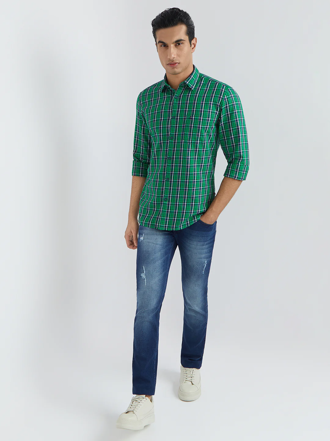 Parx Men Green Checks Slim Fit Cotton Full Sleeve Shirts - Image 5
