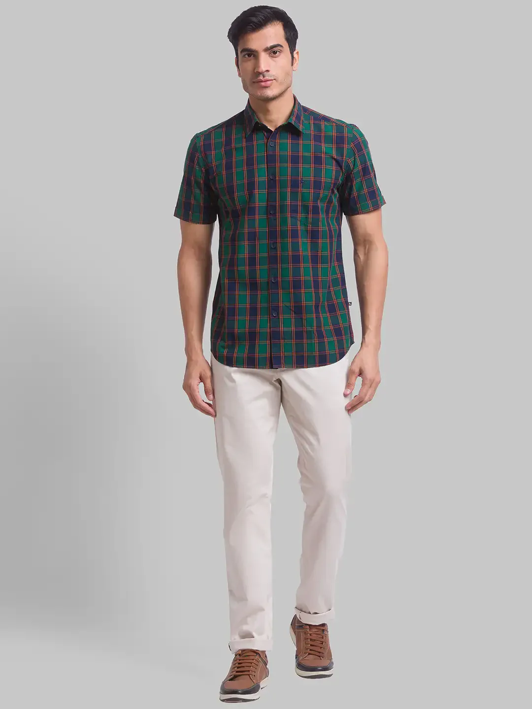 Parx Men Green Checks Slim Fit Cotton Half Sleeve Cutaway Collar Shirt - Image 5