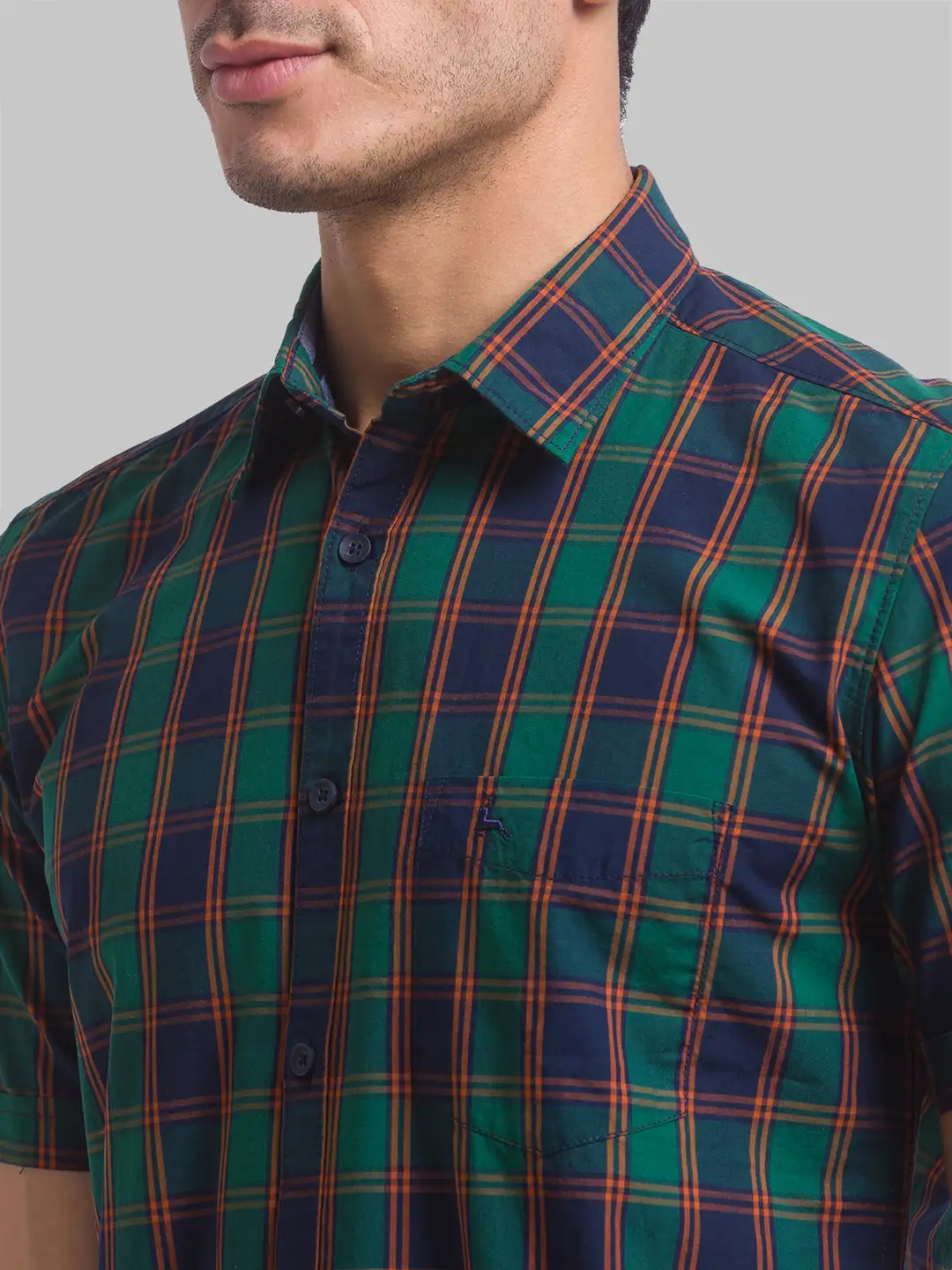 Parx Men Green Checks Slim Fit Cotton Half Sleeve Cutaway Collar Shirt - Image 6