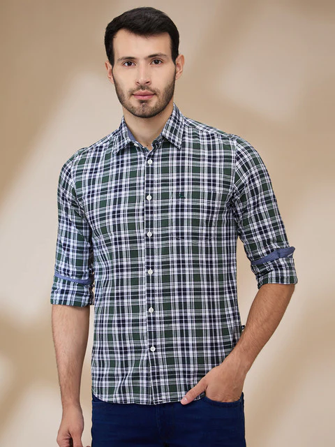 Parx Men Green Checks Slim Fit Cotton Shirt