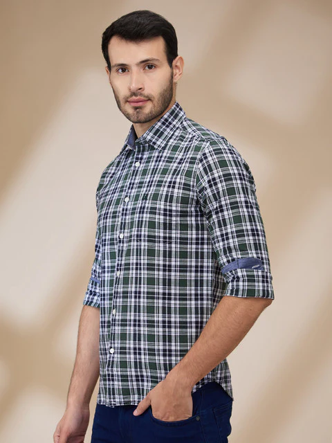 Parx Men Green Checks Slim Fit Cotton Shirt - Image 3
