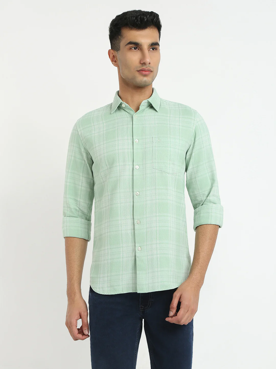 Parx Men Green Checks Slim Fit Cotton Shirt