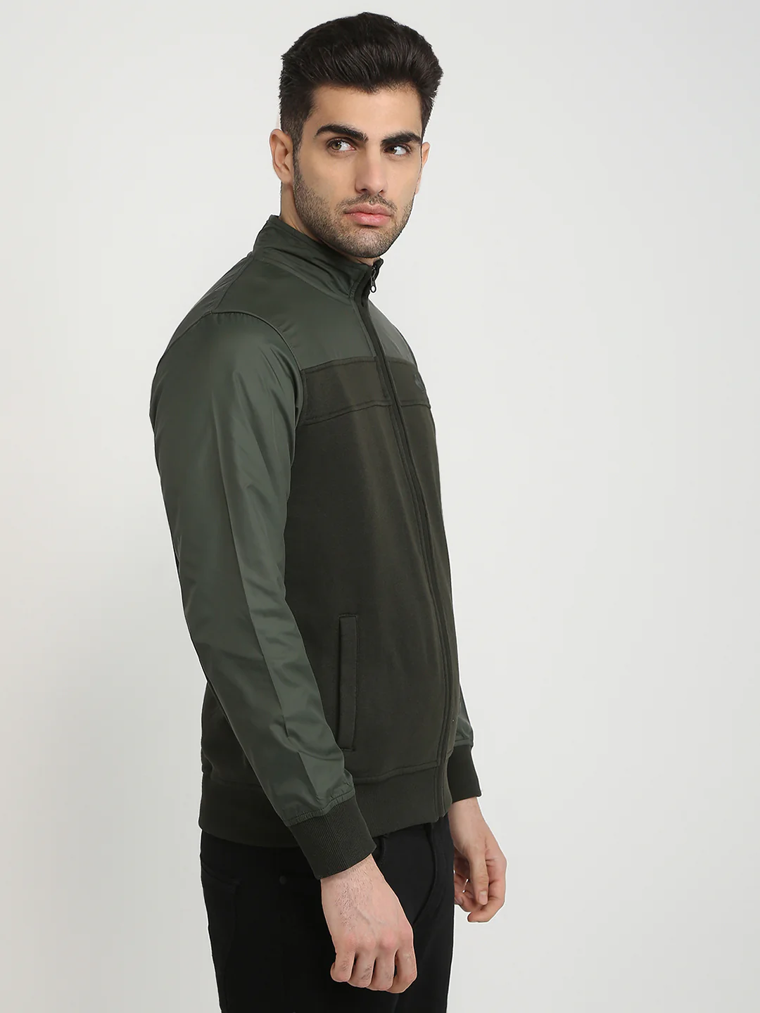 Parx Men Green Cut & Sew Regular Fit Cotton Blend Full Sleeve High Neck Collar Sweatshirt - Image 3