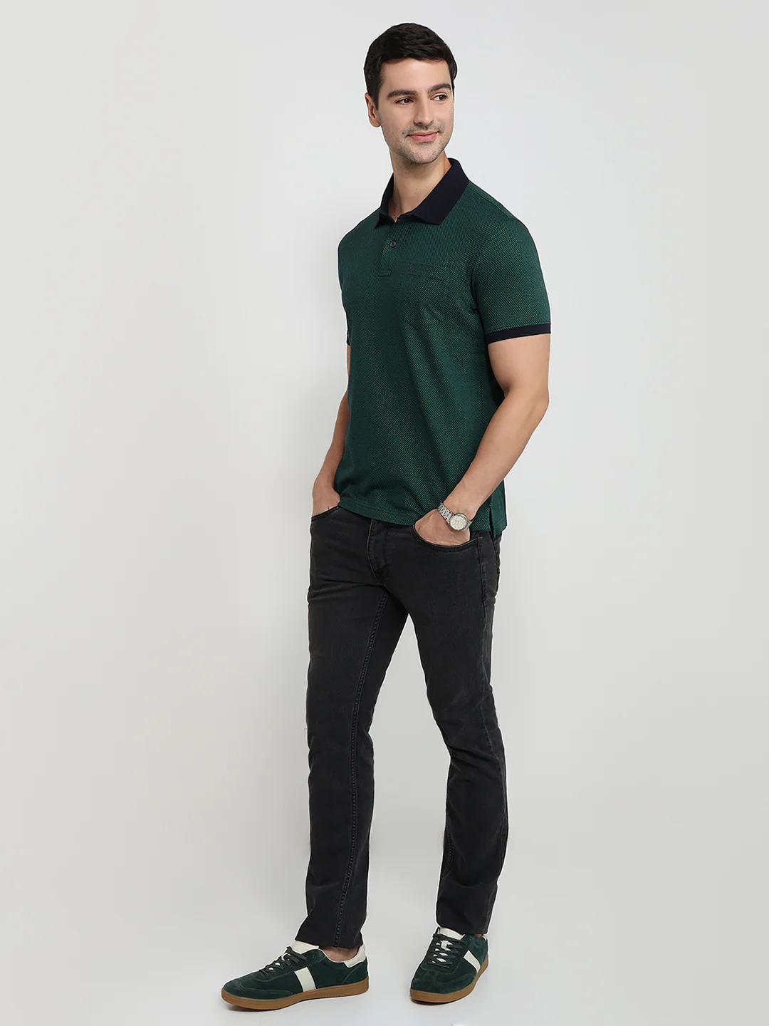Parx Men Green Jacquard Regular Fit Cotton T-shirt - Image 5