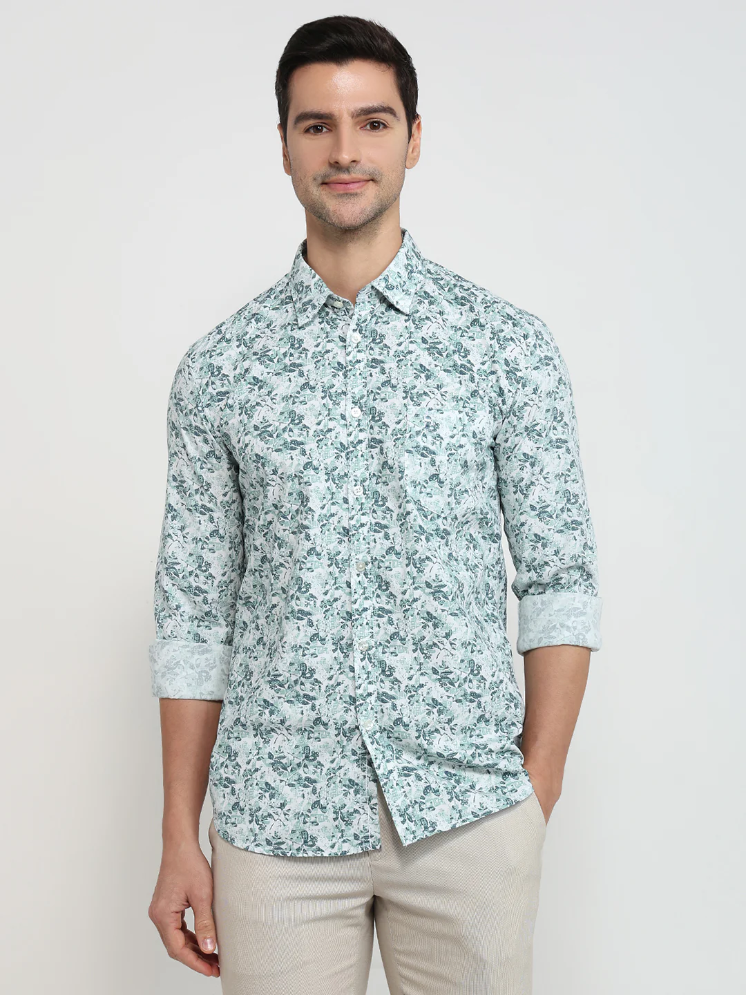 Parx Men Green Print Slim Fit Cotton Shirt