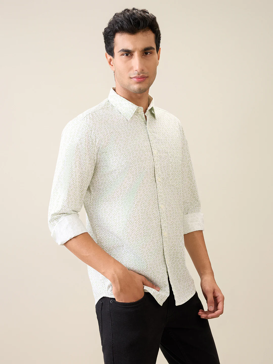 Parx Men Green Printed Slim Fit Cotton Casual Shirt - Image 3