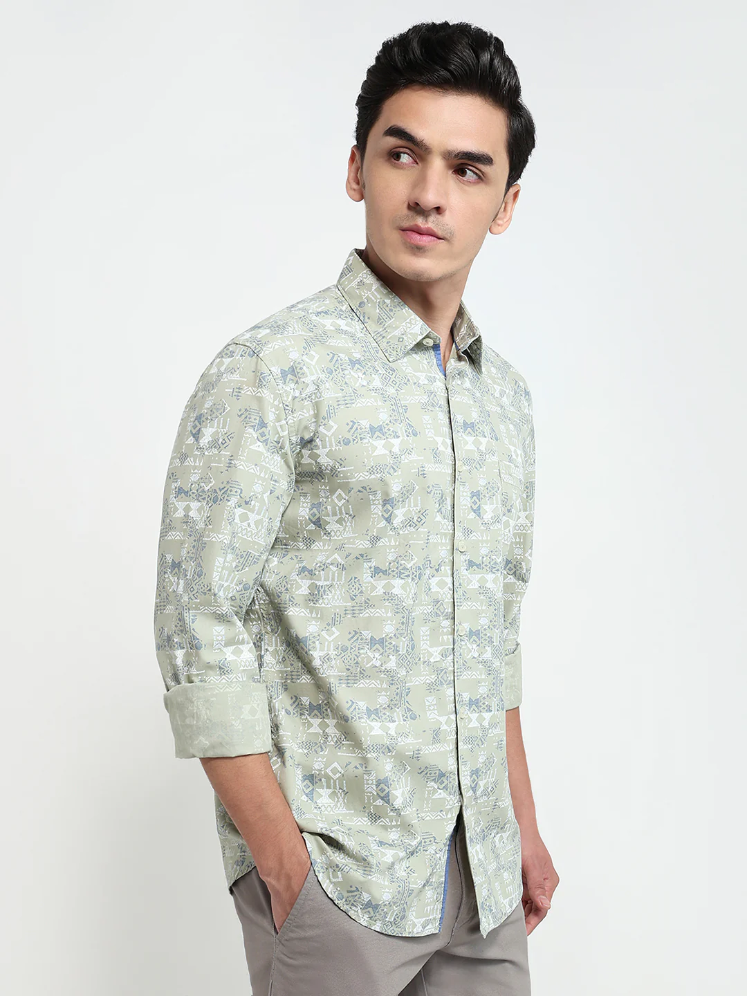 Parx Men Green Printed Slim Fit Cotton Casual Shirt - Image 3