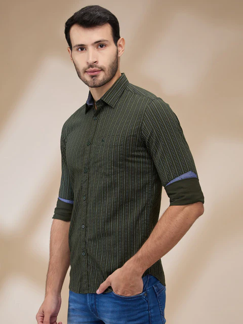 Parx Men Green Printed Slim Fit Cotton Casual Shirts - Image 3