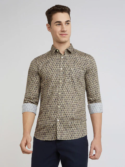Parx Men Green Printed Slim Fit Cotton Shirt
