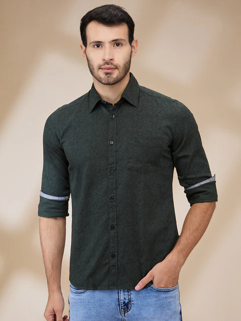 Parx Men Green Printed Slim Fit Cotton Shirt