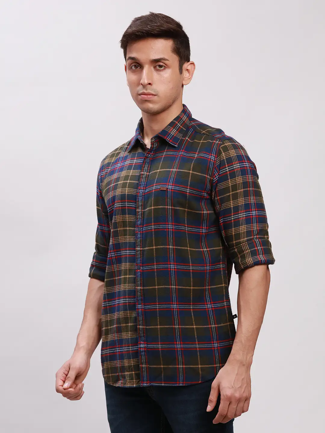 Parx Men Green Slim Fit Checks Cotton Full Sleeve Cut Away Collar Shirts - Image 3