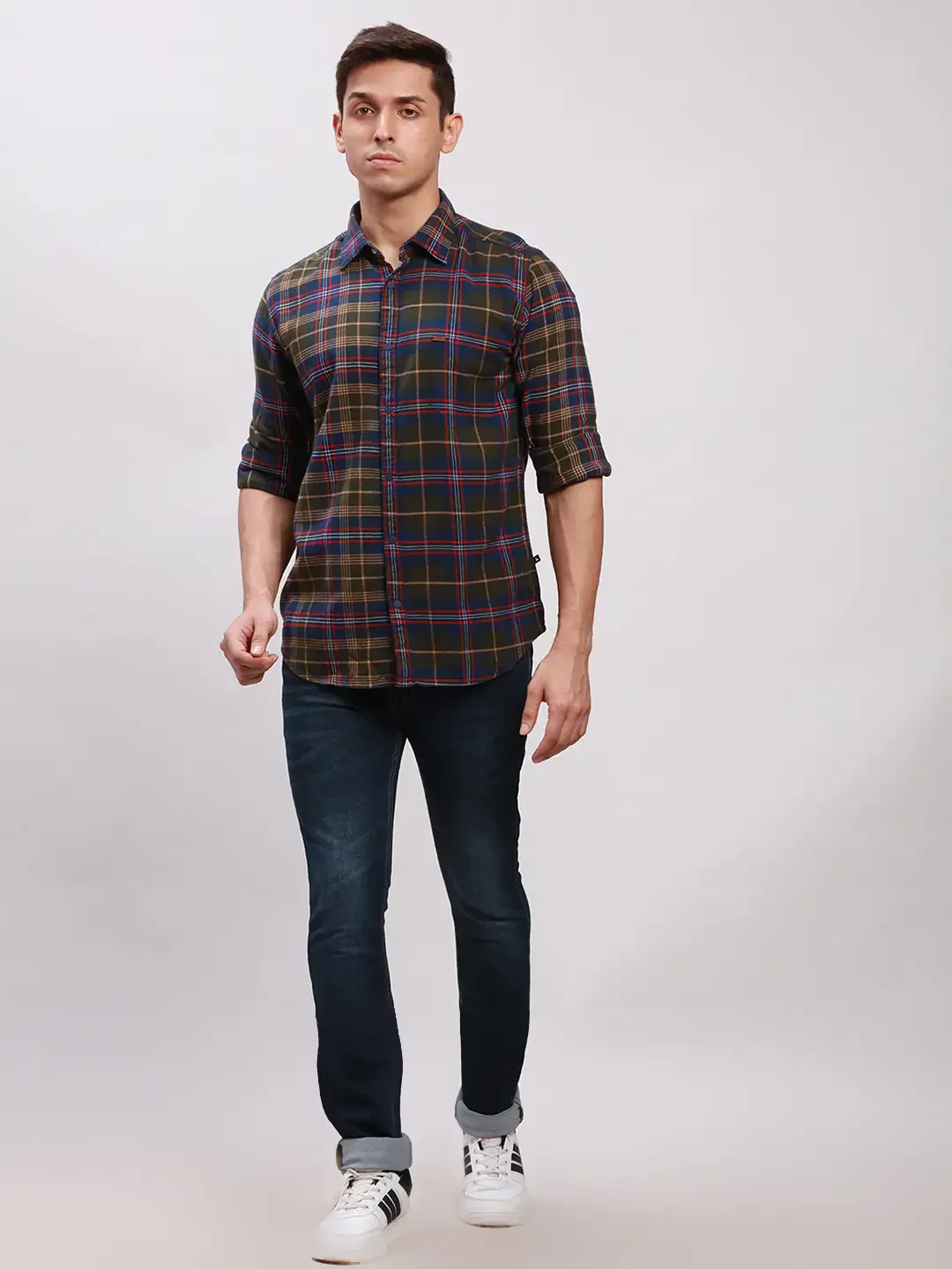 Parx Men Green Slim Fit Checks Cotton Full Sleeve Cut Away Collar Shirts - Image 5