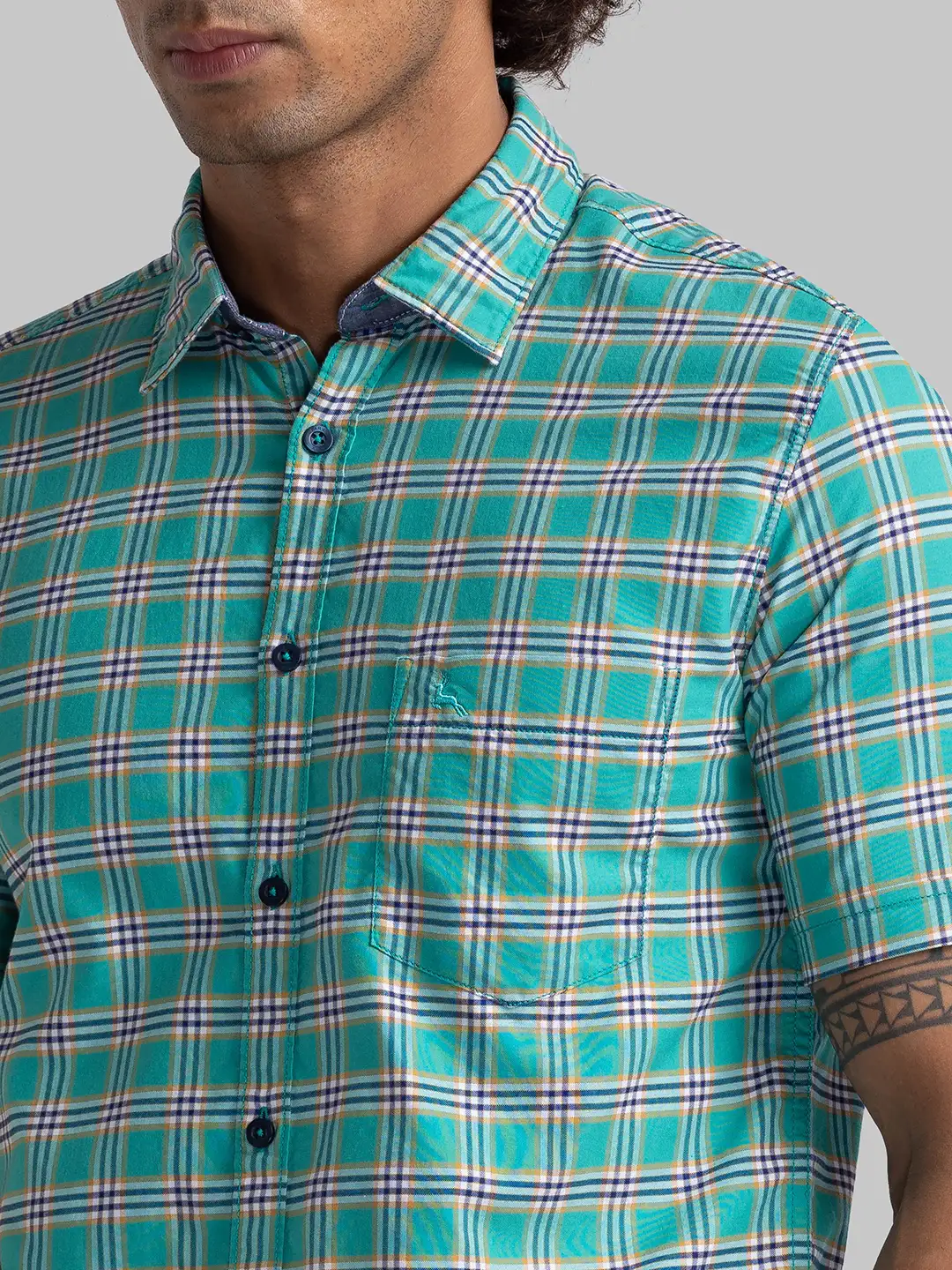 Parx Men Green Slim Fit Checks Cotton Half Sleeve Cutaway Collar Shirts - Image 6
