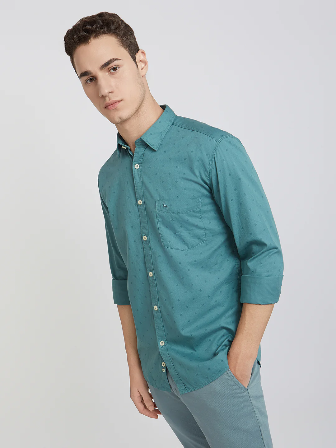 Parx Men Green Slim Fit Printed Cotton Full Sleeve Cut Away Shirt - Image 3
