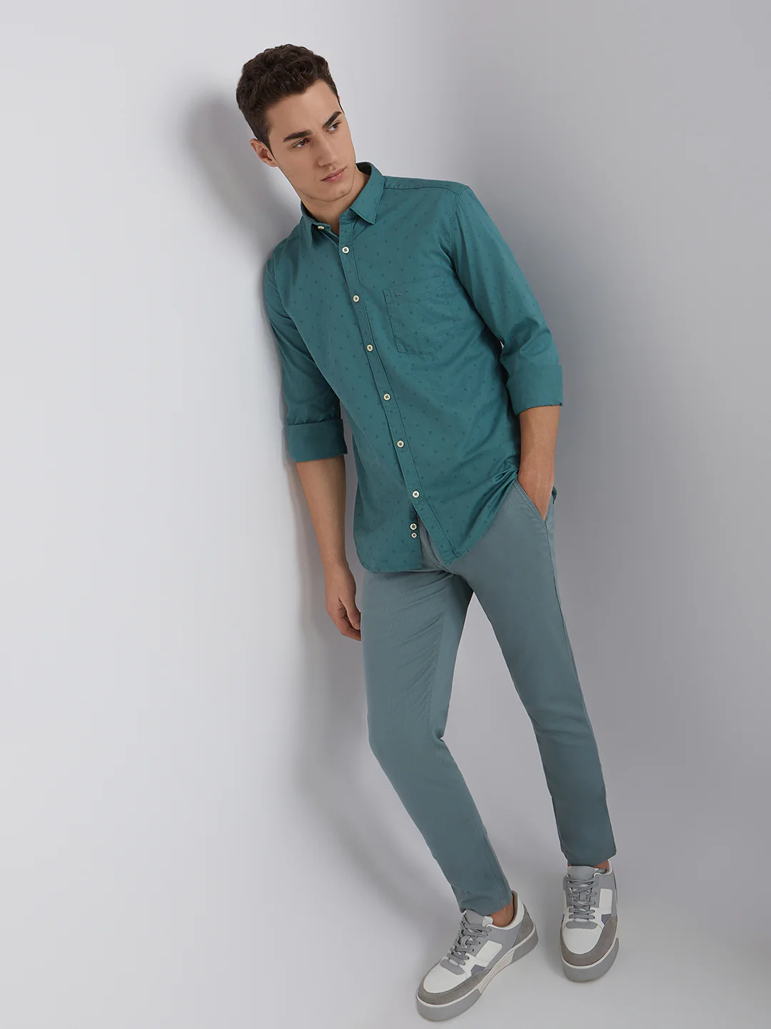 Parx Men Green Slim Fit Printed Cotton Full Sleeve Cut Away Shirt - Image 5