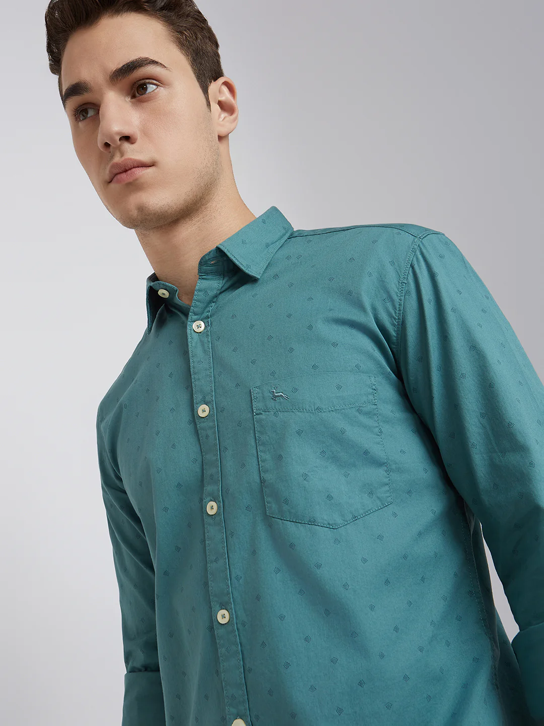 Parx Men Green Slim Fit Printed Cotton Full Sleeve Cut Away Shirt - Image 6