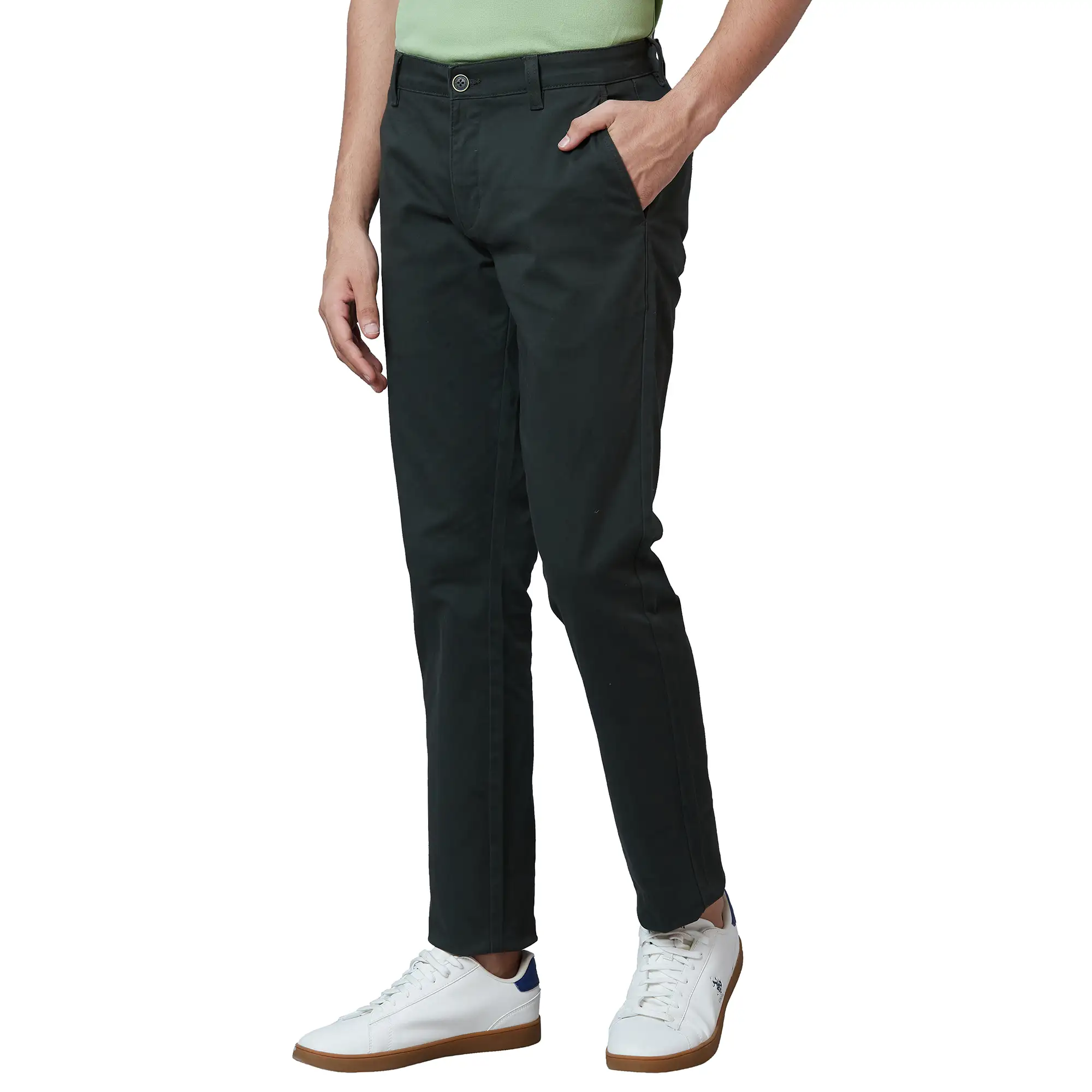 Parx Men Green Solid Low Rise Tapered Fit Cotton Blend Trouser - Image 3