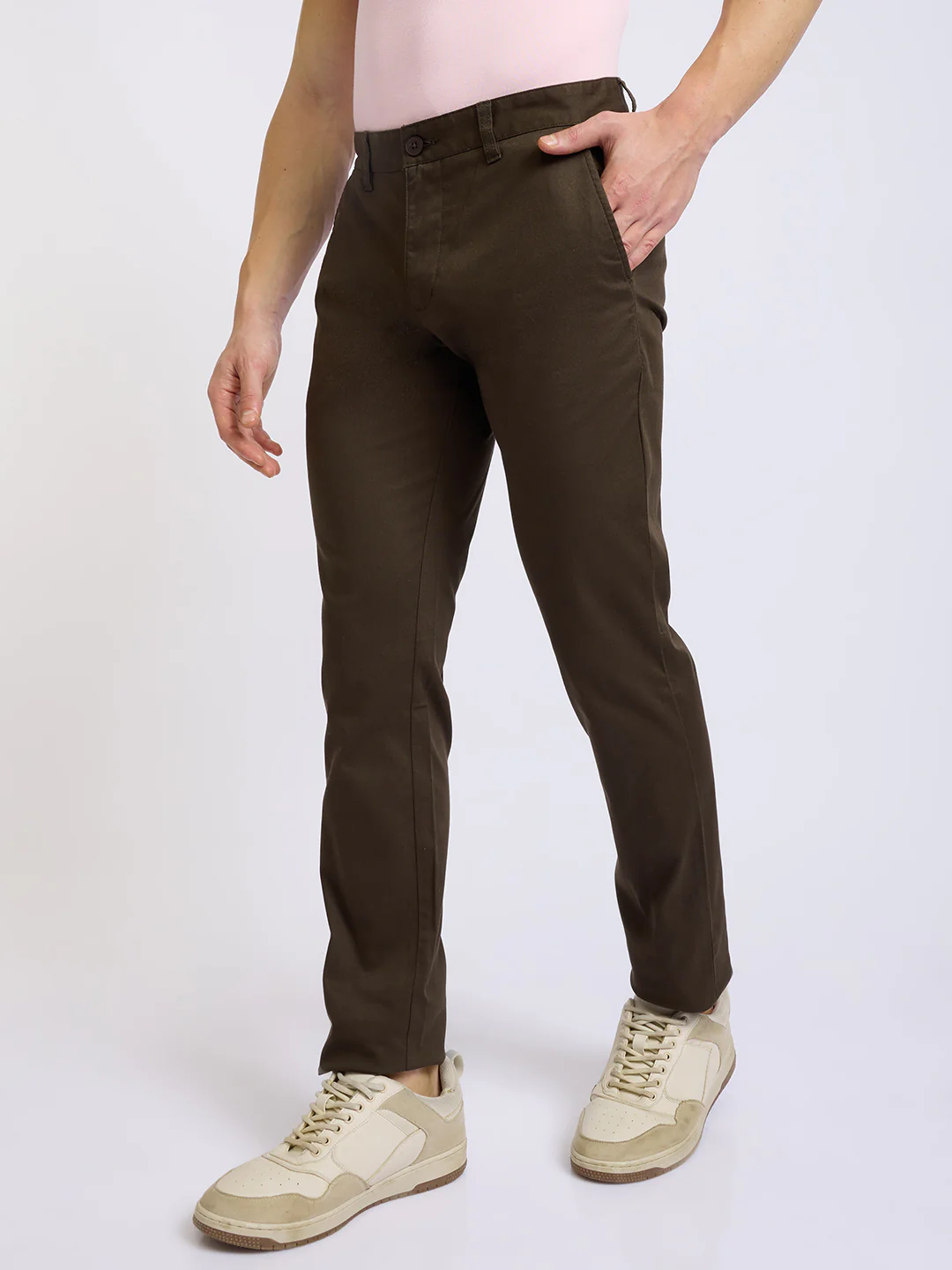 Parx Men Green Solid Low Rise Tapered Fit Cotton Blend Trouser - Image 3