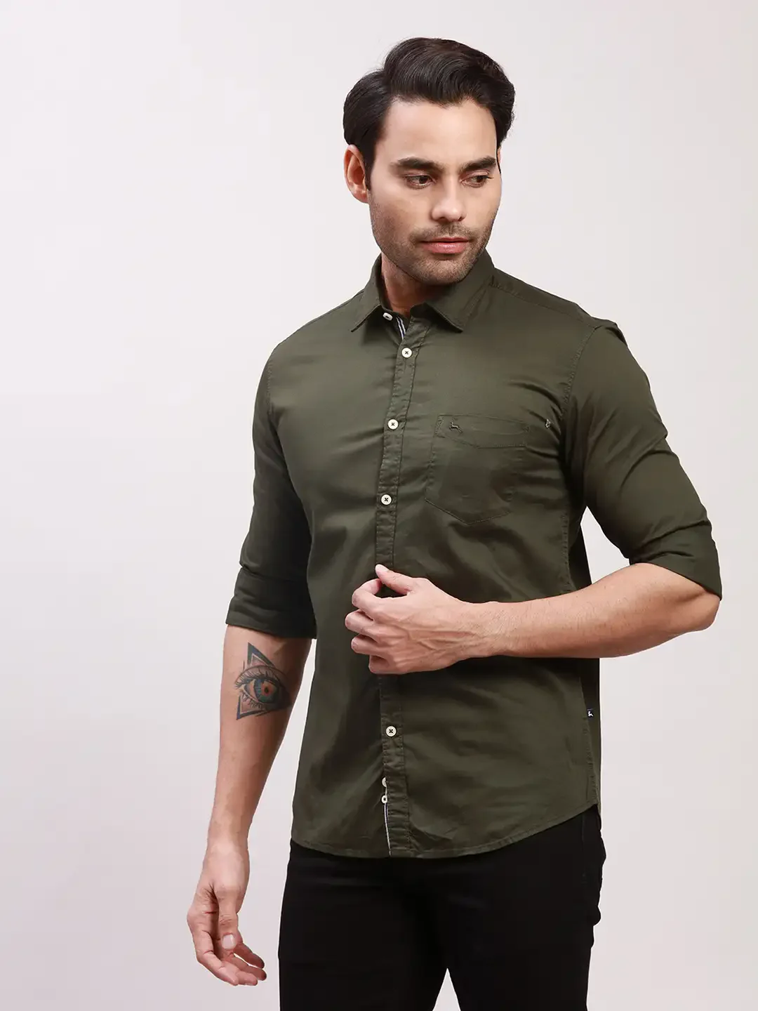 Parx Men Green Solid Slim Fit Cotton Blend Full Sleeve Shirts - Image 3
