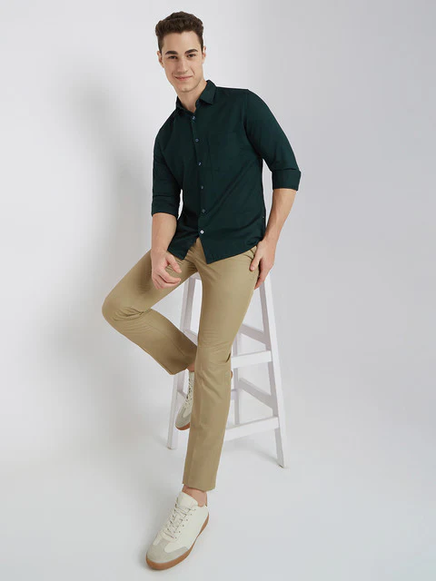 Parx Men Green Solid Slim Fit Cotton Blend Shirt - Image 5