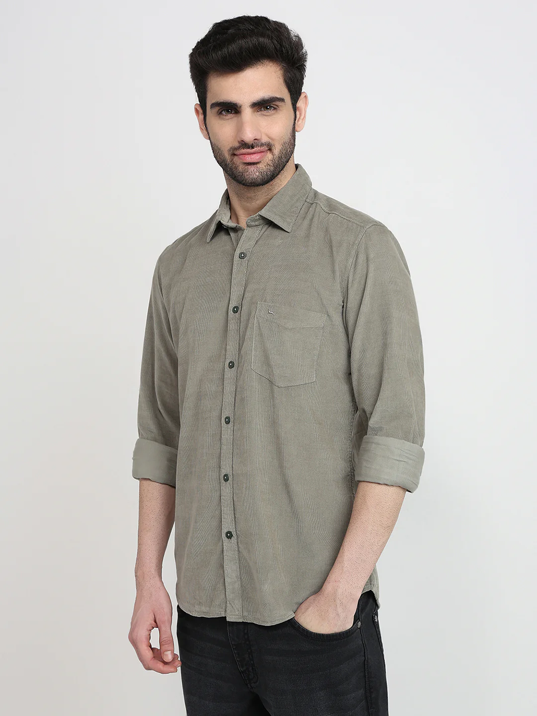 Parx Men Green Solid Slim Fit Cotton Full Sleeve Casual Shirt - Image 2