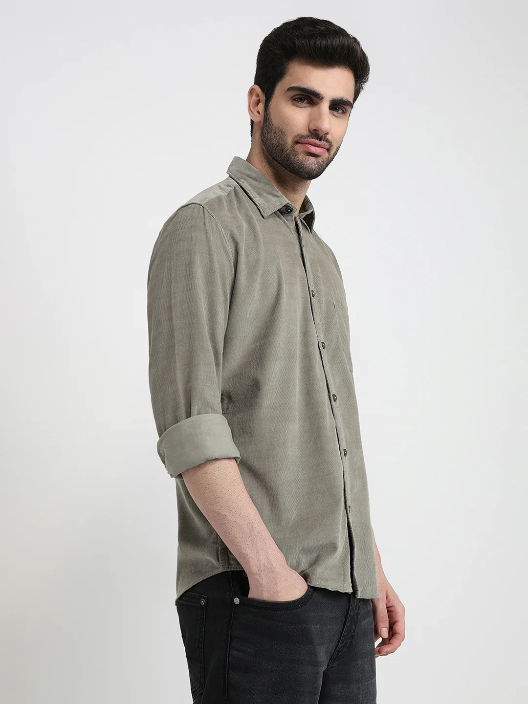 Parx Men Green Solid Slim Fit Cotton Full Sleeve Casual Shirt - Image 3
