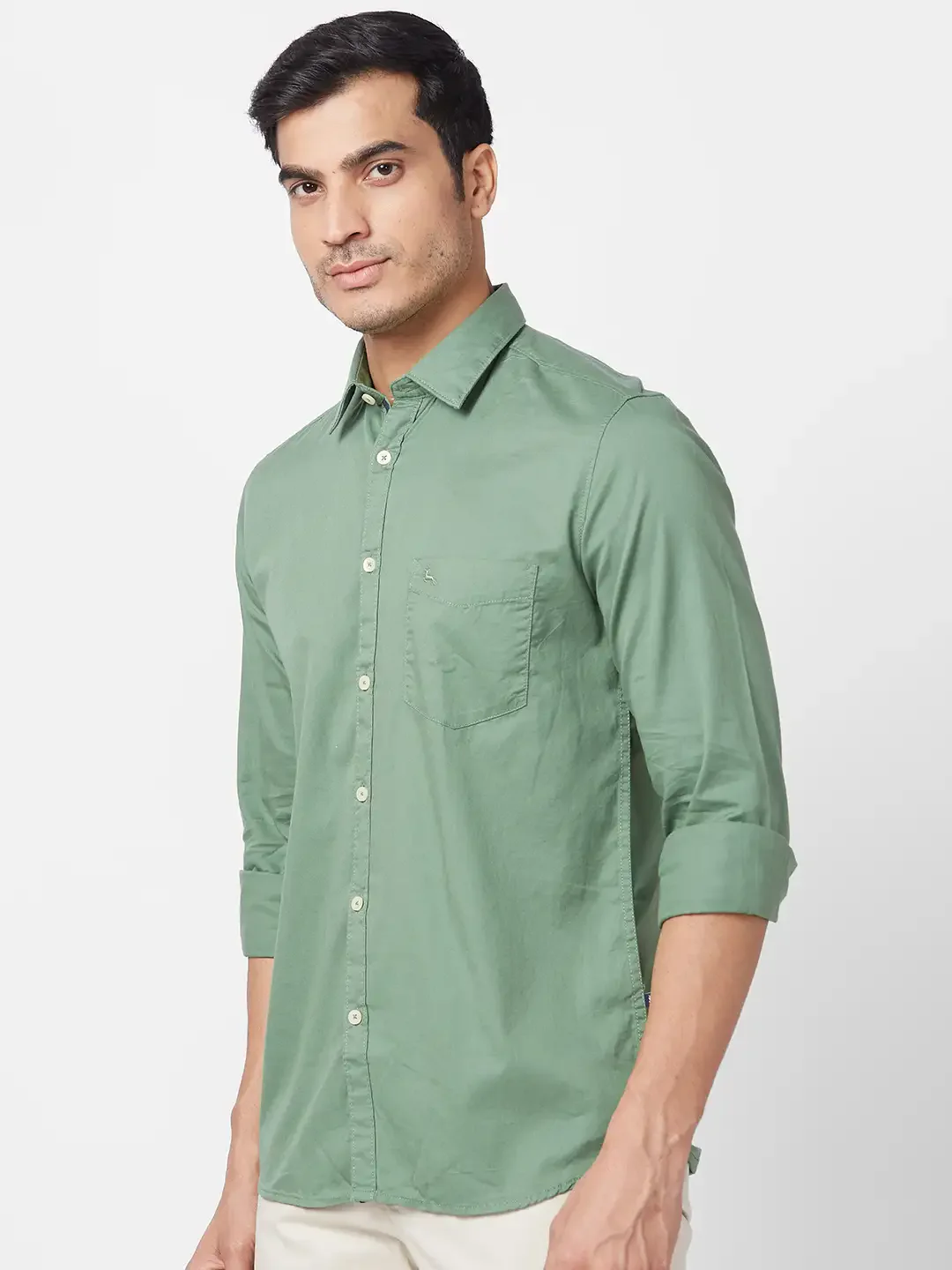 Parx Men Green Solid Slim Fit Cotton Full Sleeve Cutaway Collar Shirt - Image 3