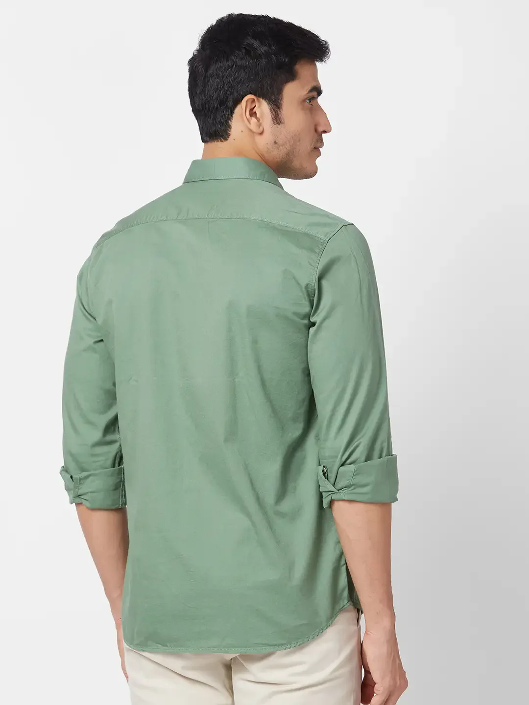 Parx Men Green Solid Slim Fit Cotton Full Sleeve Cutaway Collar Shirt - Image 4