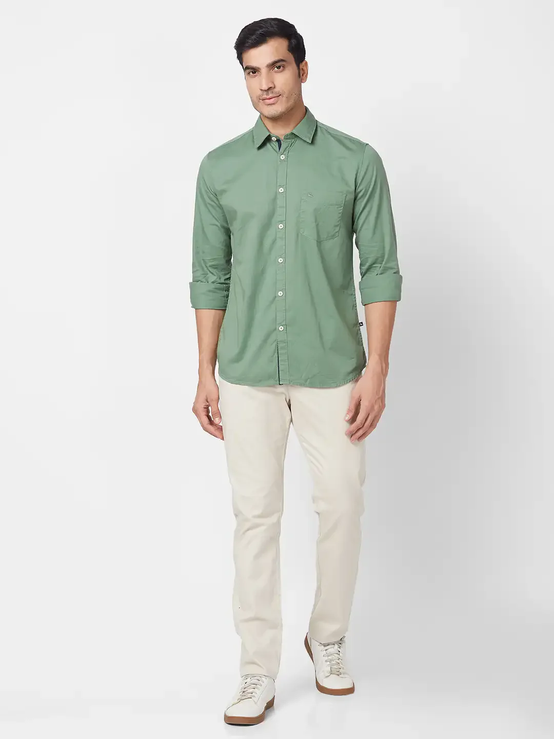 Parx Men Green Solid Slim Fit Cotton Full Sleeve Cutaway Collar Shirt - Image 5