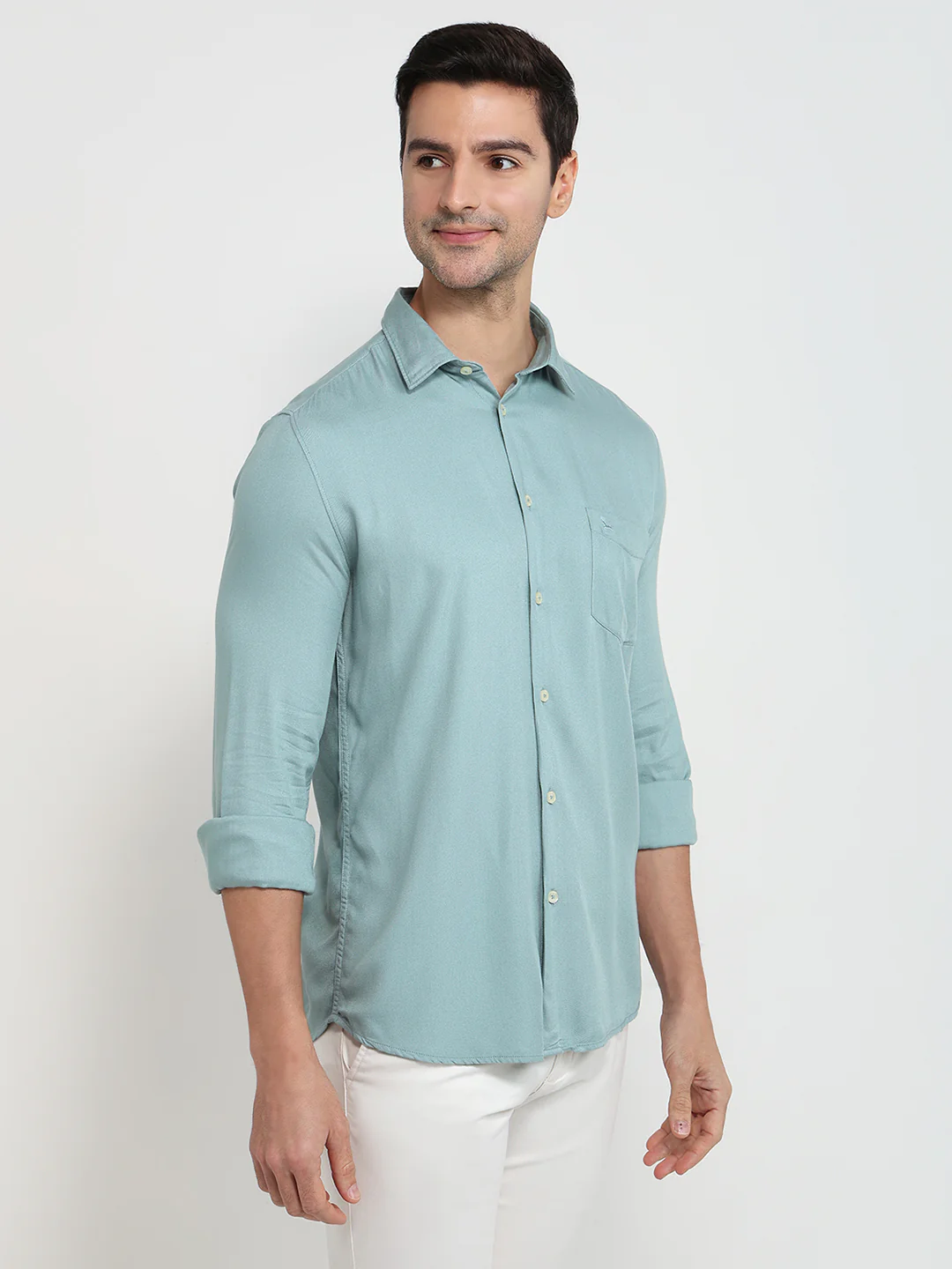 Parx Men Green Solid Slim Fit Viscose Shirt - Image 3