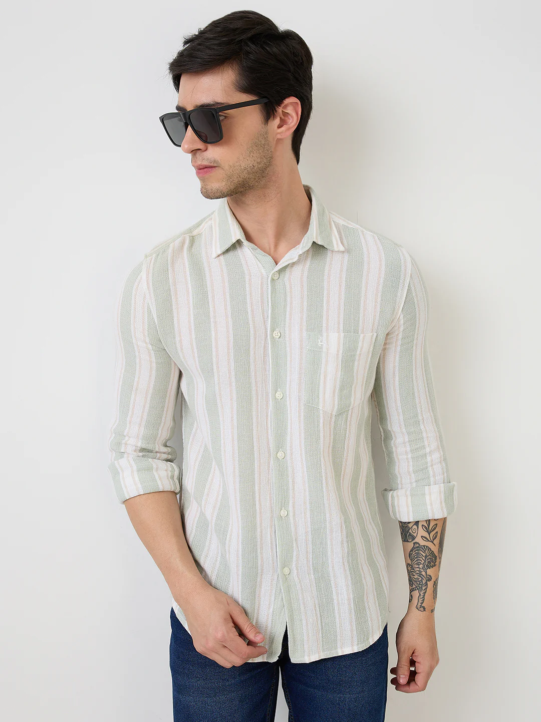 Parx Men Green Stripe Slim Fit Cotton Casual Shirt
