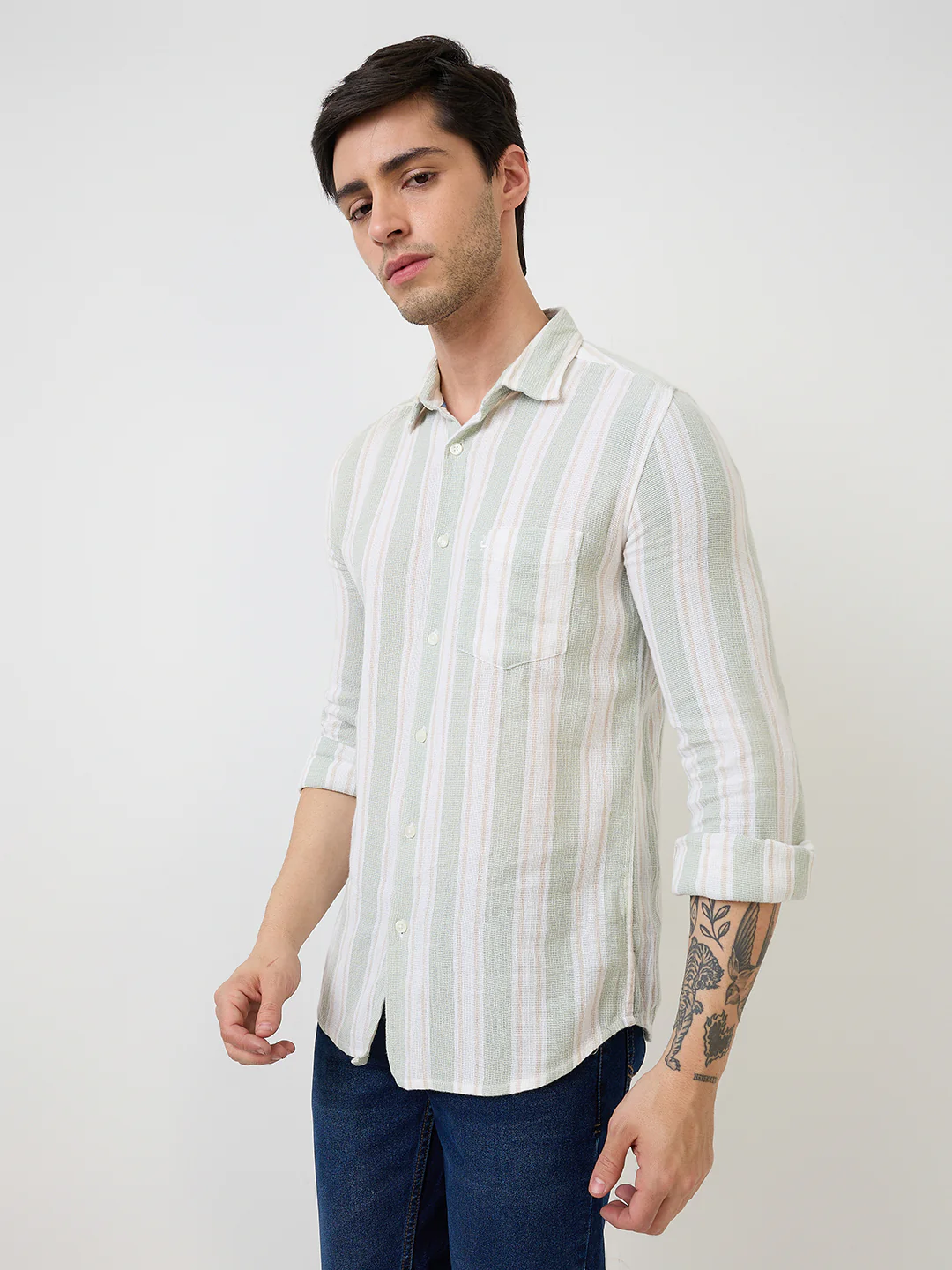 Parx Men Green Stripe Slim Fit Cotton Casual Shirt - Image 3