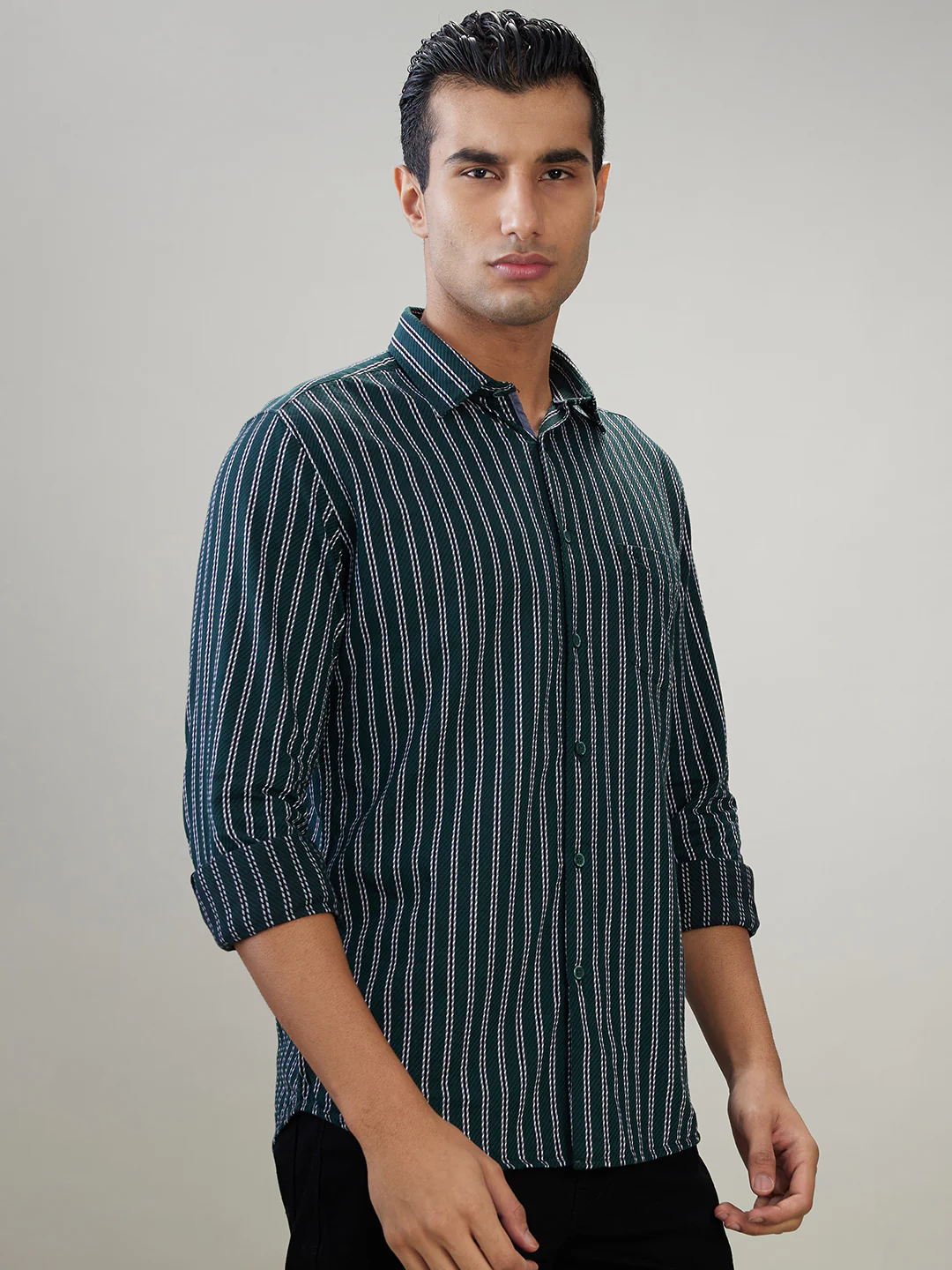 Parx Men Green Stripe Slim Fit Cotton Full Sleeve Cut Away Collar Casual Shirt - Image 2