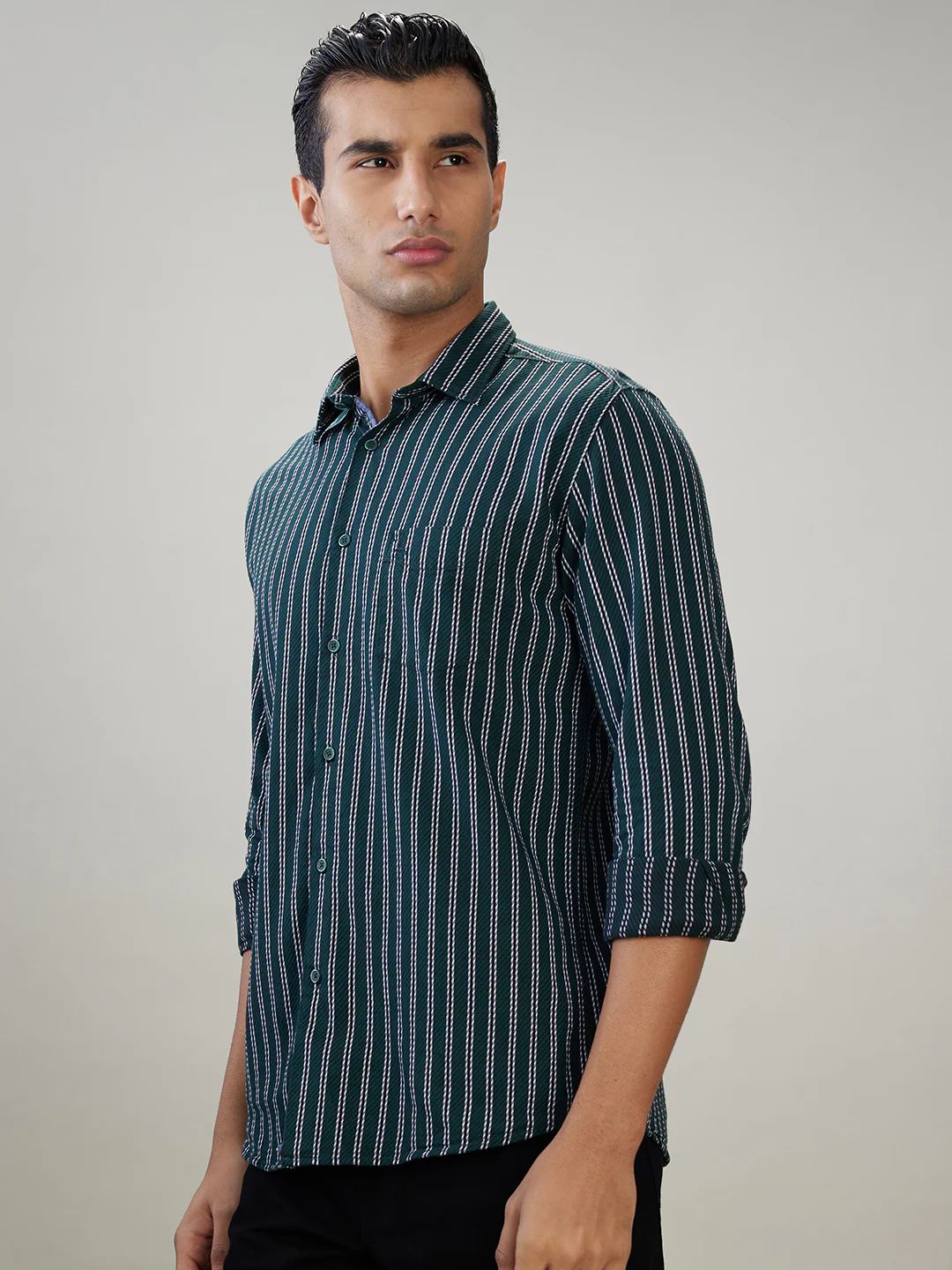 Parx Men Green Stripe Slim Fit Cotton Full Sleeve Cut Away Collar Casual Shirt - Image 3