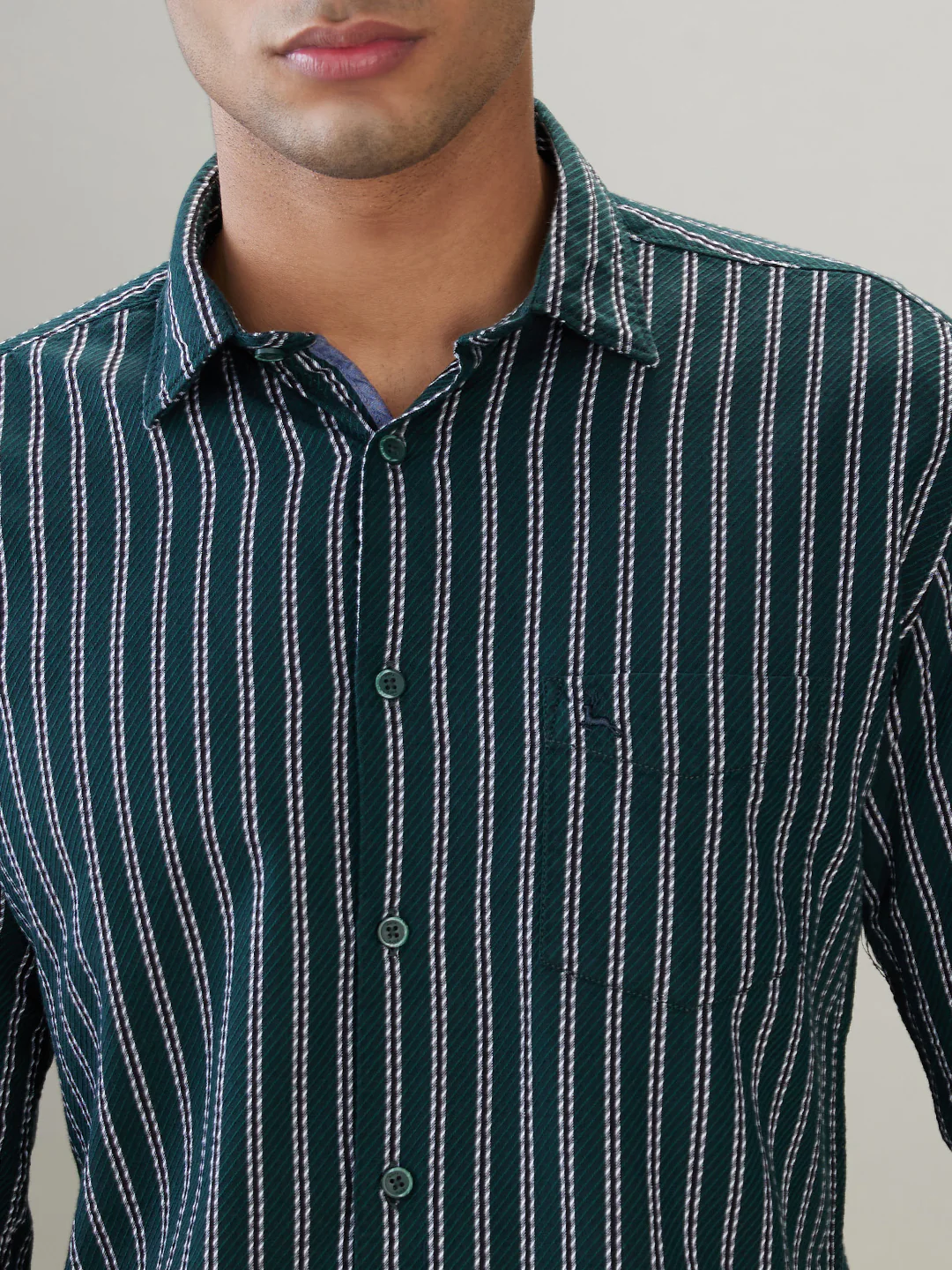 Parx Men Green Stripe Slim Fit Cotton Full Sleeve Cut Away Collar Casual Shirt - Image 6