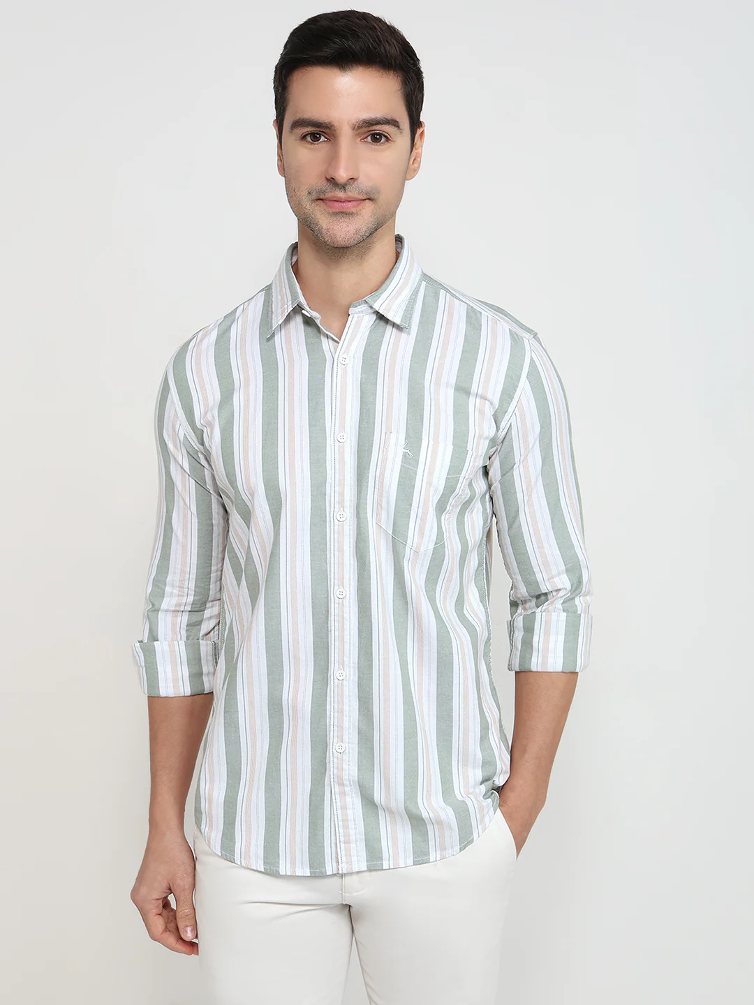 Parx Men Green Stripe Slim Fit Cotton Shirt