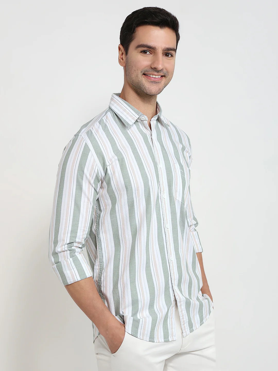 Parx Men Green Stripe Slim Fit Cotton Shirt - Image 3