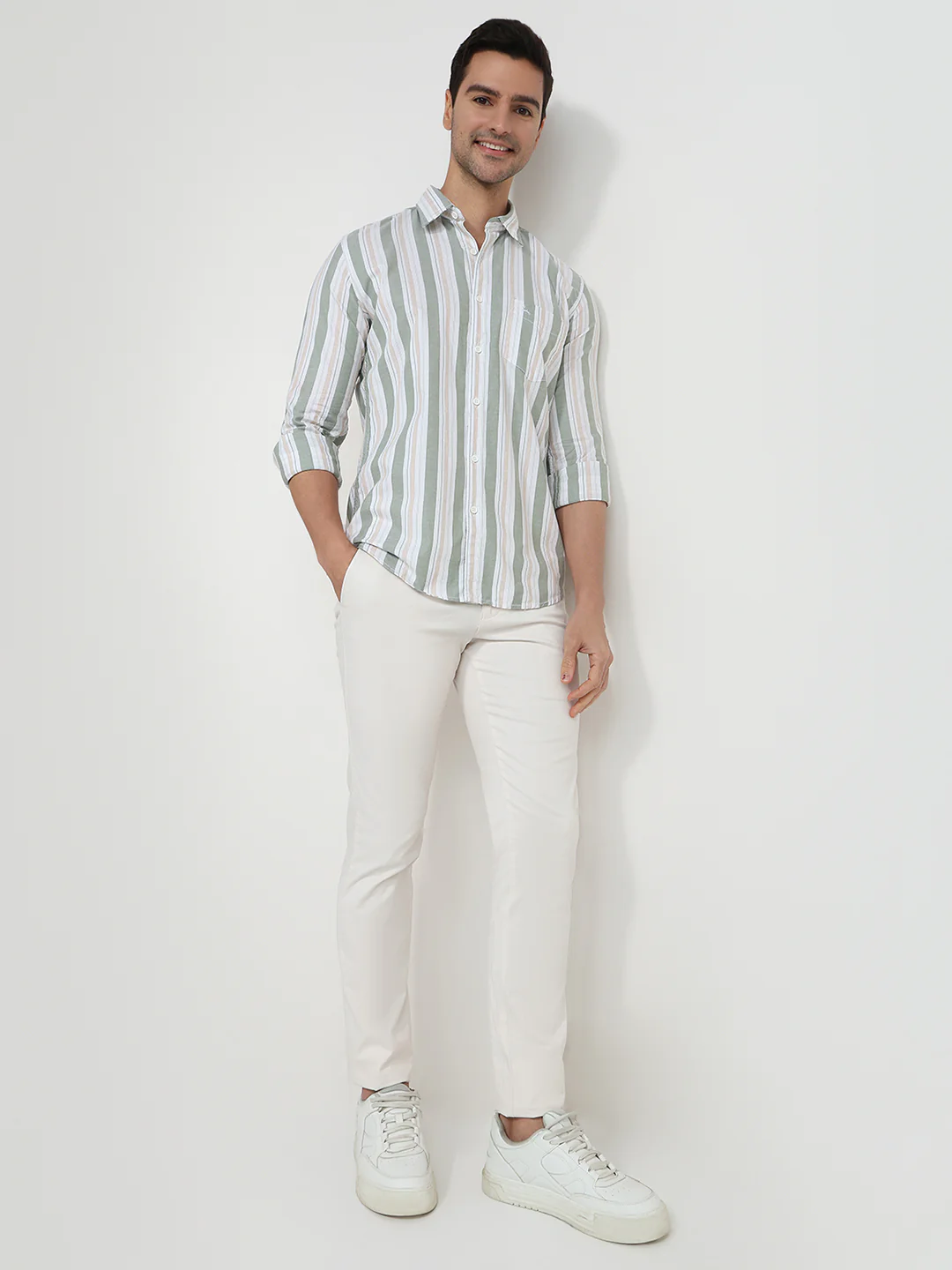 Parx Men Green Stripe Slim Fit Cotton Shirt - Image 5