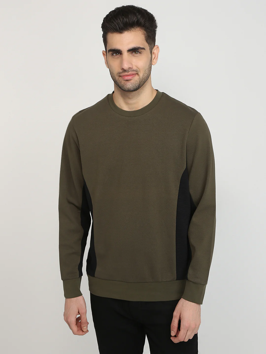 Parx Men Green Structure Regular Fit Cotton Blend Full Sleeve Round Neck Collar Sweatshirt