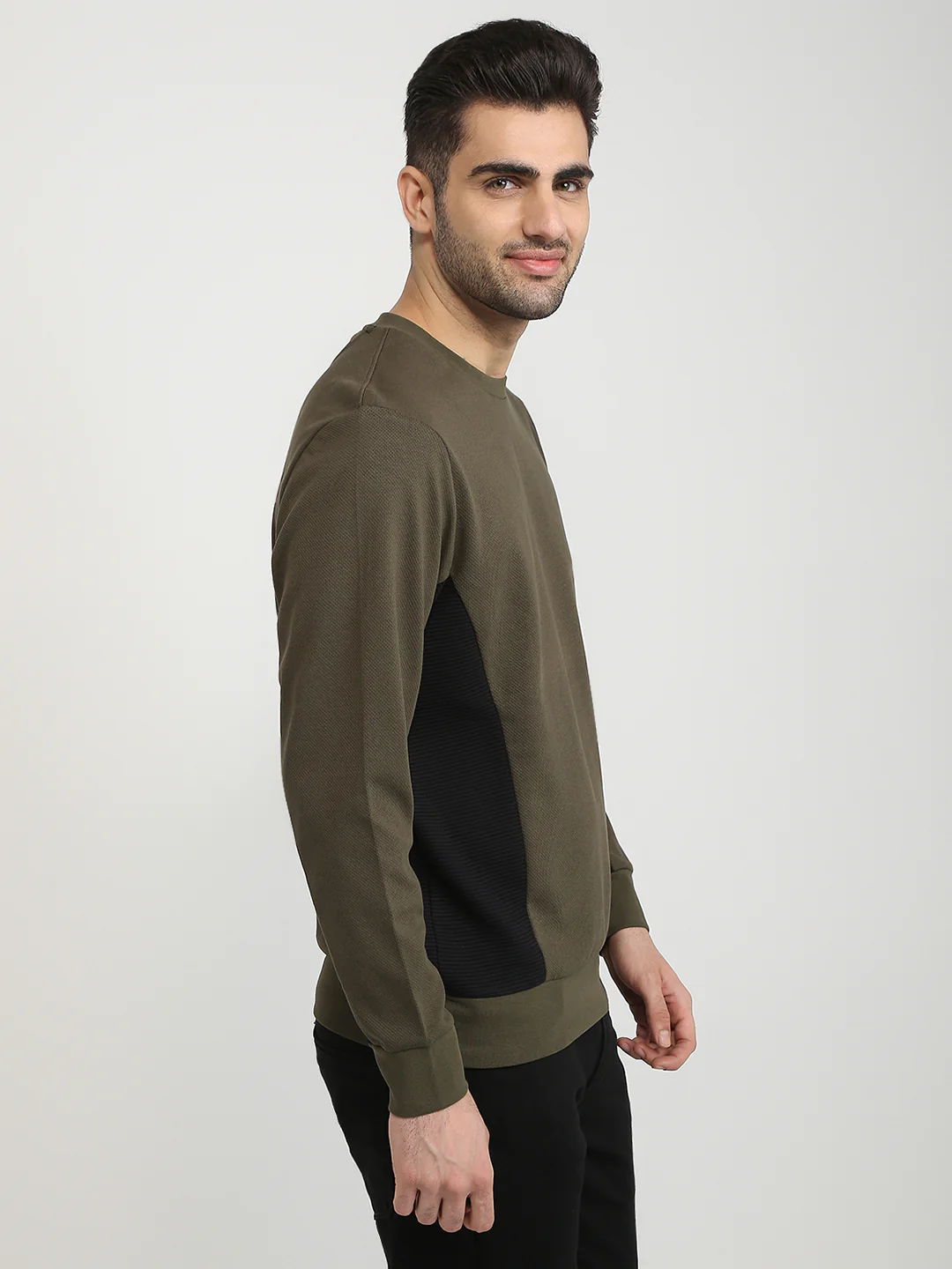 Parx Men Green Structure Regular Fit Cotton Blend Full Sleeve Round Neck Collar Sweatshirt - Image 3