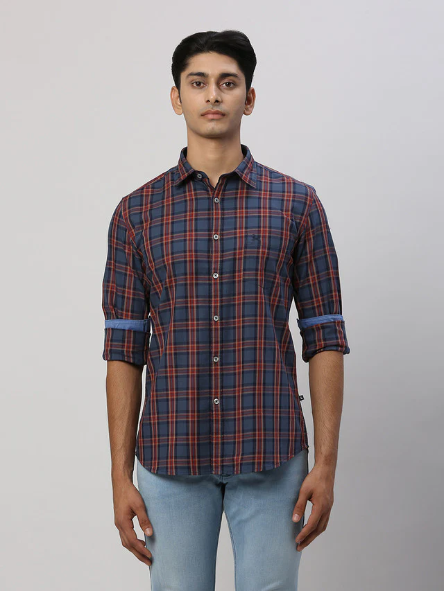 Parx Men Blue Checkered Slim Fit Cotton Casual Shirt