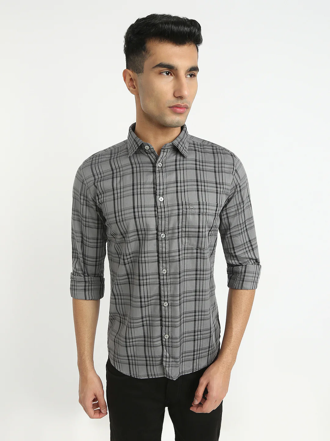 Parx Men Grey Checks Slim Fit Cotton Blend Casual Shirt