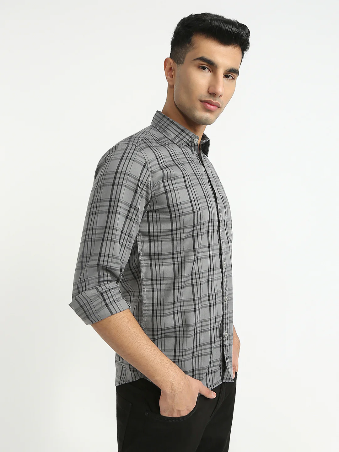 Parx Men Grey Checks Slim Fit Cotton Blend Casual Shirt - Image 2