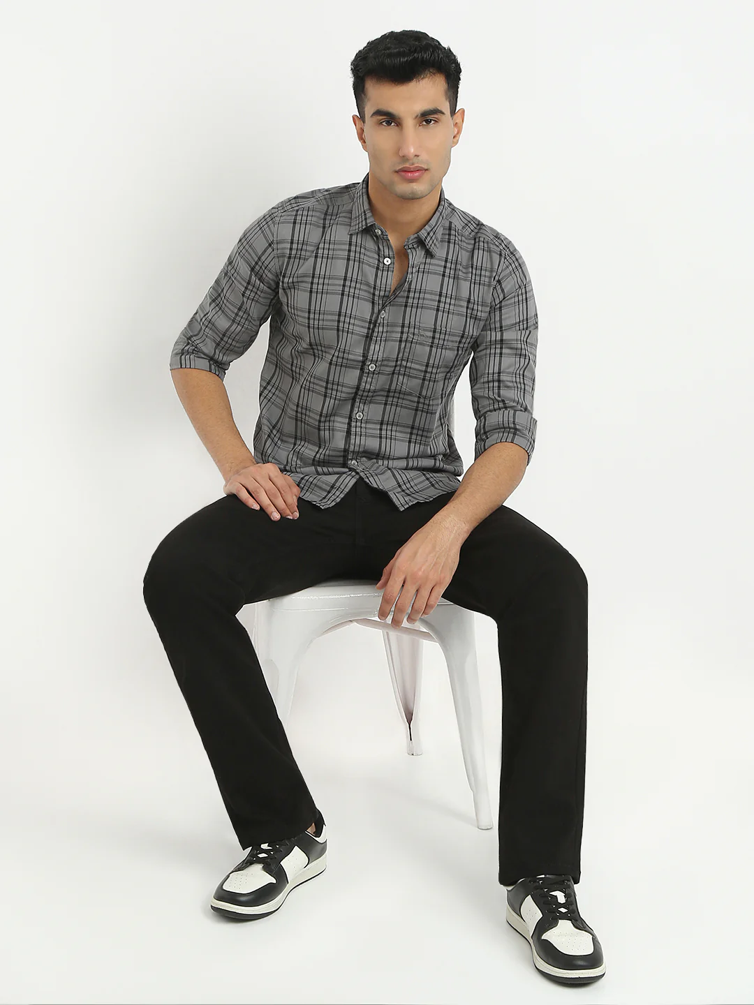 Parx Men Grey Checks Slim Fit Cotton Blend Casual Shirt - Image 5