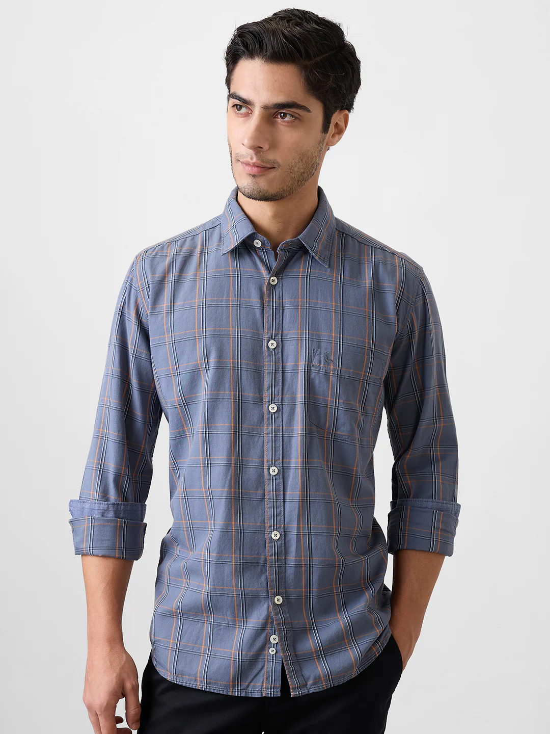 Parx Men Grey Checks Slim Fit Cotton Blend Shirt