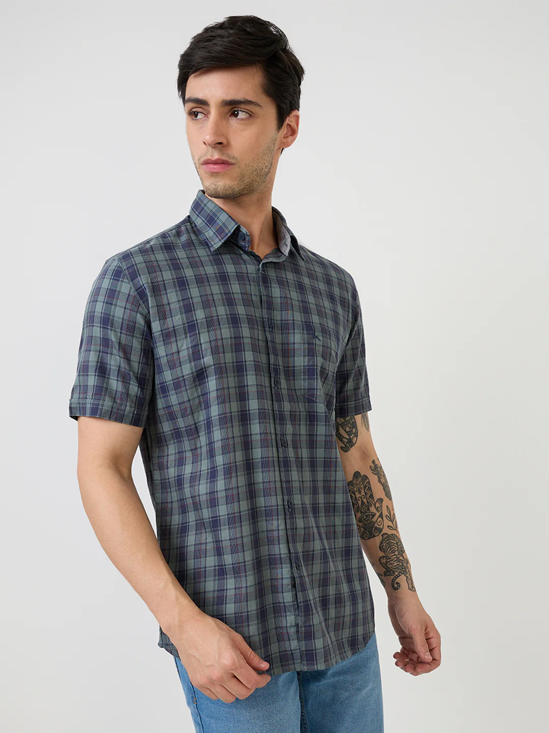 Parx Men Grey Checks Slim Fit Cotton Casual Shirt - Image 4