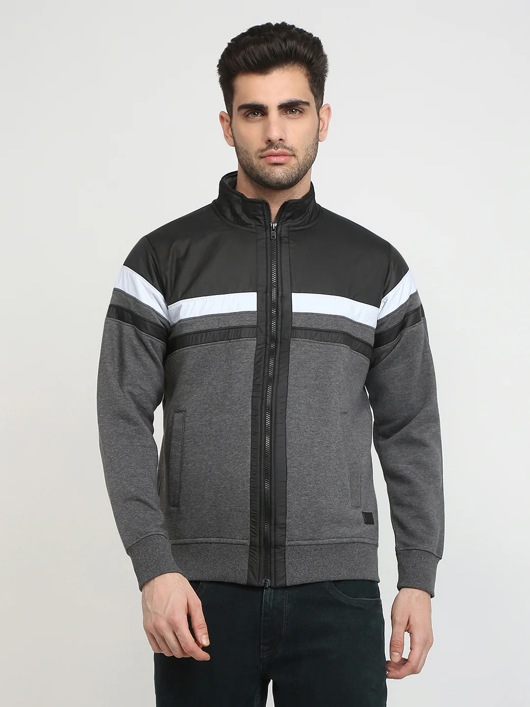 Parx Men Grey Cut & Sew Regular Fit Cotton Blend Full Sleeve High Neck Collar Sweatshirt